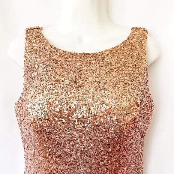 Christina Wu Rose Gold Sequin Dress (6) Bateau Neck Open Back Formal Gown 22704 - Picture 4 of 14